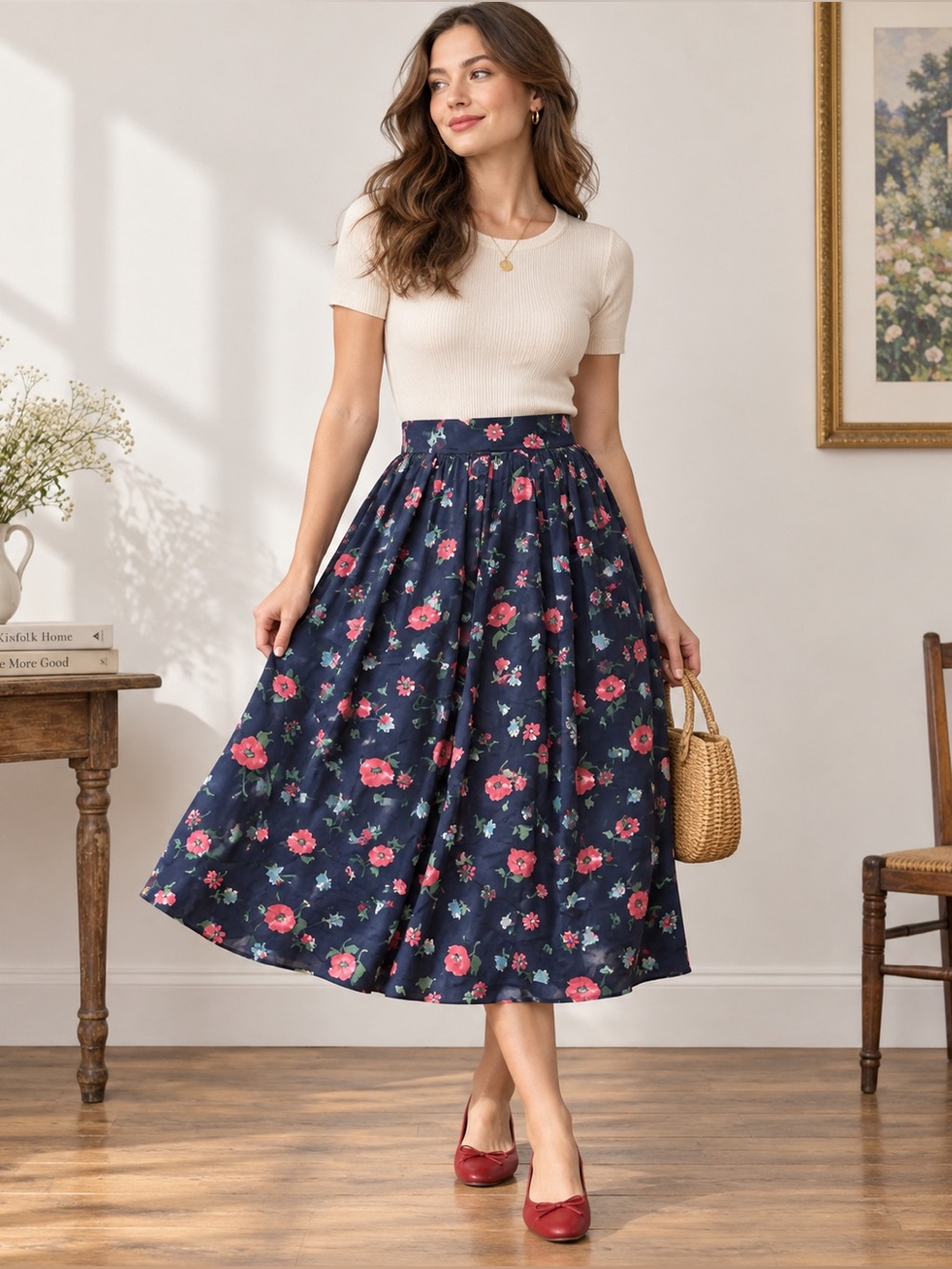 Vintage Floral Silk Skirt Womens L Multicolor Floral Elastic Waist Casual
